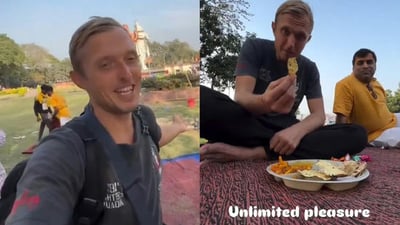 Russian Tourist Overwhelmed by Indian Hospitality at Delhi’s Shiv Mandir, Heartwarming Video Goes Viral
