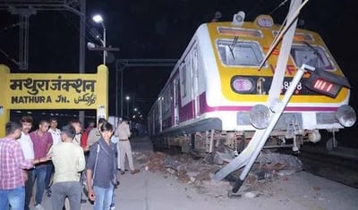 Uttar Pradesh- Train climbs on platform at Mathura railway station.
